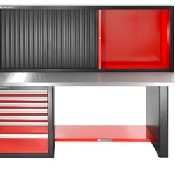 Stół warsztatowy do dużych obciążeń, 2182 mm, 7 szuflad, blat ze stali nierdzewnej, wersja niska i szafa z żaluzjami