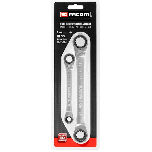 4-in-1 Double Box-End Ratchet Wrench Set, 2 pieces (8 to 19mm)