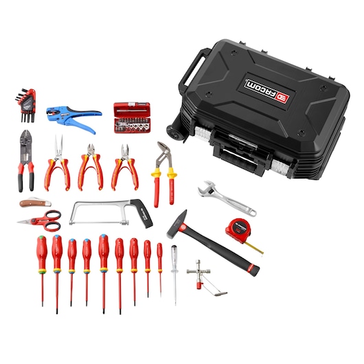 56-piece set of electricians tools with rolling case
Composition électricien de 56 outils dans valise à roulette 56-piece set of electricians tools with rolling case
Composition électricien de 56 outils dans valise à roulette