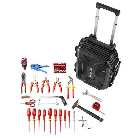 56-piece set of electricians tools with rolling case
Composition électricien de 56 outils dans valise à roulette 56-piece set of electricians tools with rolling case
Composition électricien de 56 outils dans valise à roulette