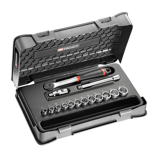 3/8" socket set, 15 pieces, MBOX, performance round head ratchet