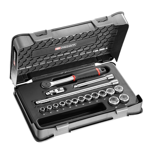 3/8 in. MBOX Socket Set With Performance Round Head Ratchet (18 pc.)