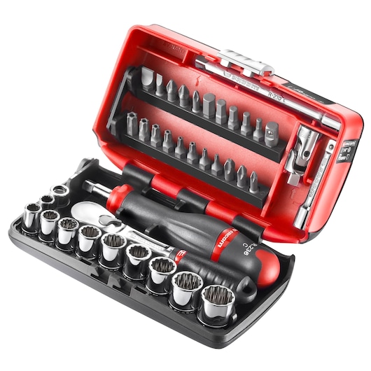 1/4" socket set, 38 pieces, NANO, pear-head ratchet