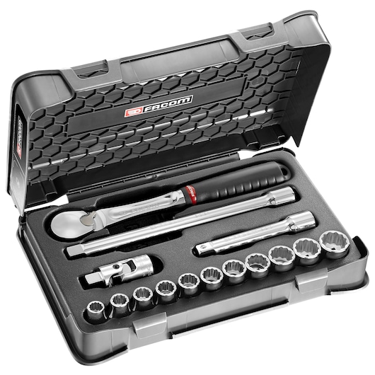 1/2" socket set, 15 pieces, MBOX, Pear-Head Ratchet