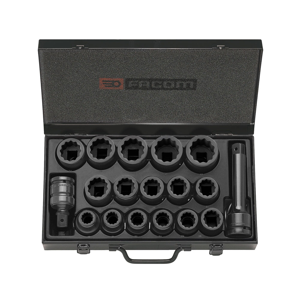 Samenstelling van 16 impactdoppen van 3/4" van 19 tot 42 mm