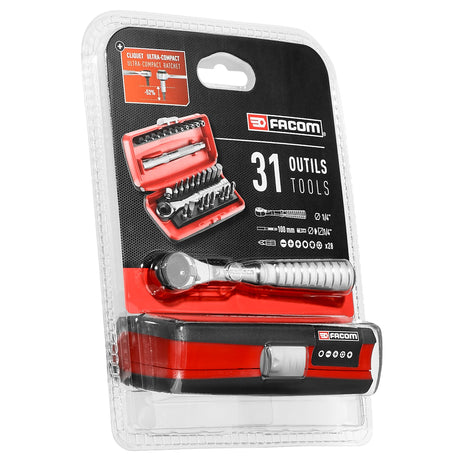 31-Delige Set Met Ultra Compacte Ratel Met Bithouder 1/4"