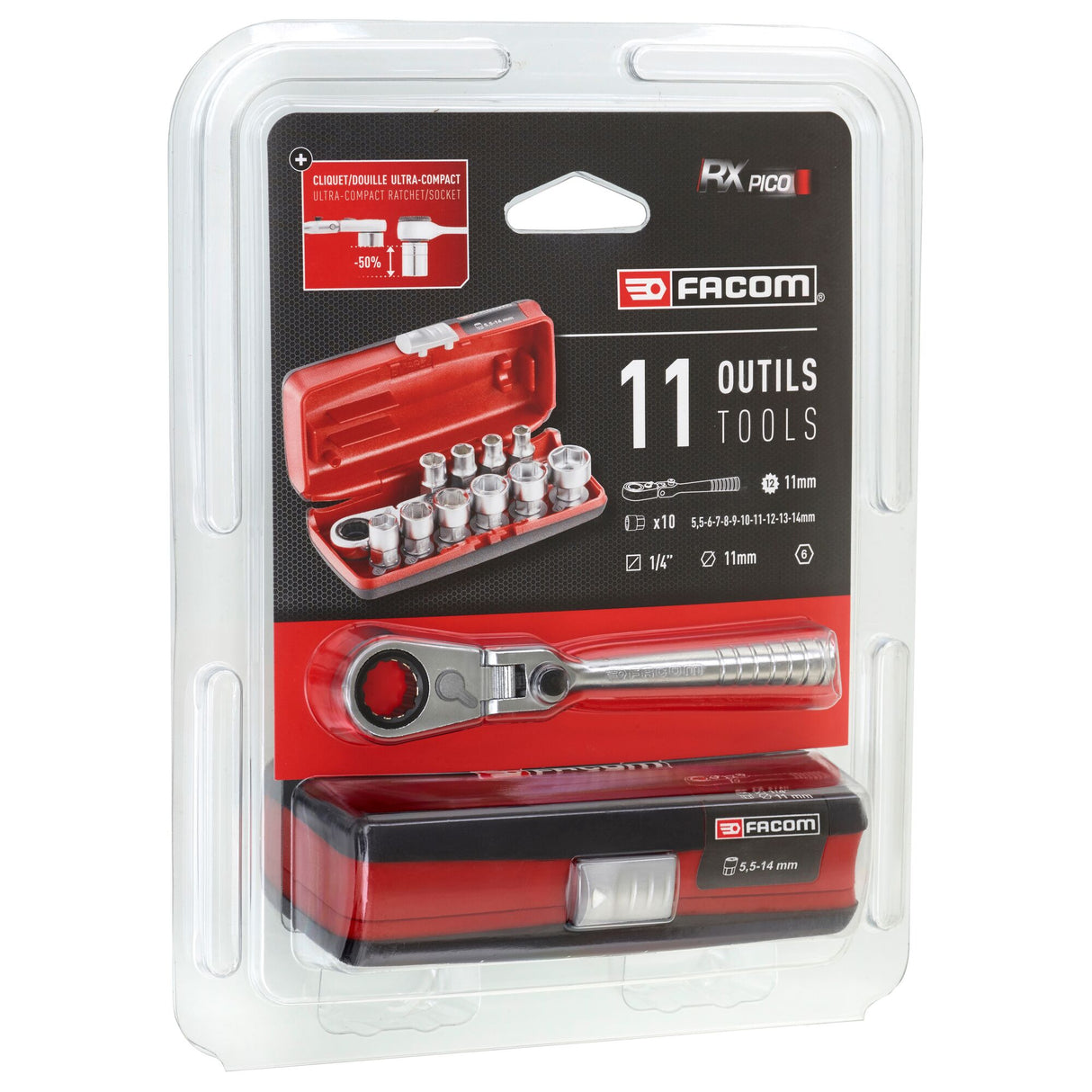 11-Delige Set 6 Kant 1/4' Met R.180Hx Doorsteekratel- En Doppen