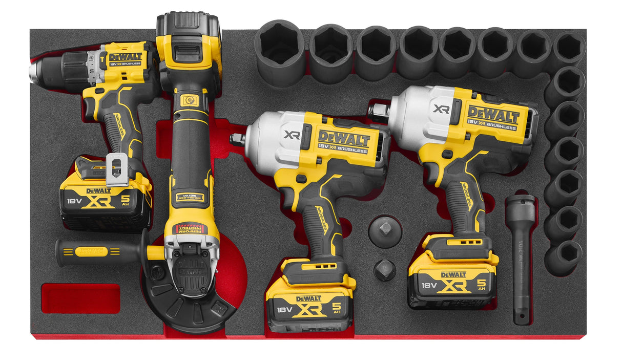 Composition en module mousse M4, Clés à choc DEWALT, Vissage DEWALT, Meuleuse DEWALT, et Douilles impact 3/4"